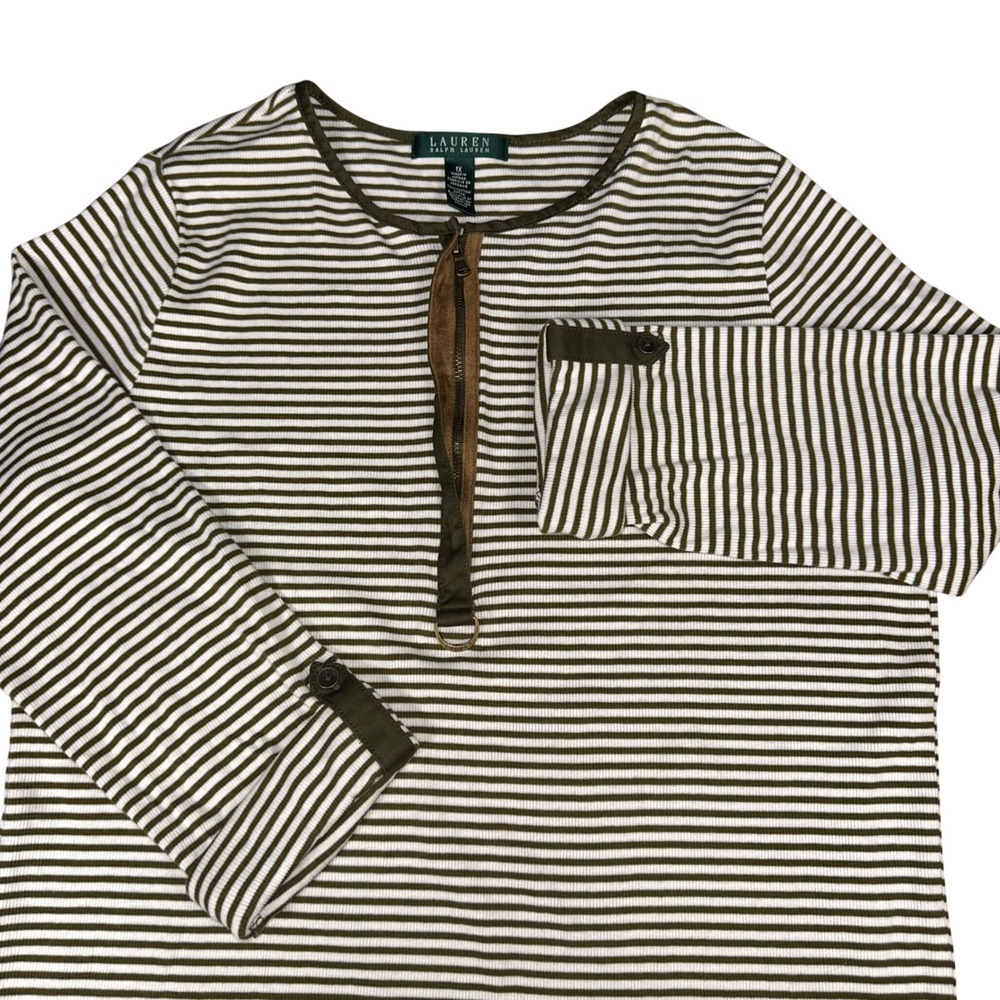 Ralph Lauren Quarter Zip Top Olive Green Cotton Striped Shirt Vintage Women's 1X